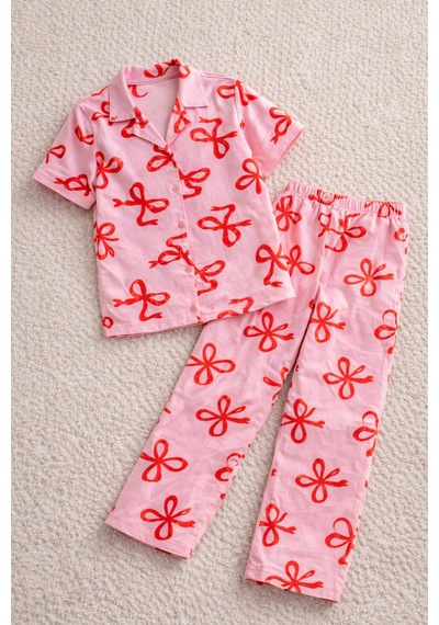 Beka Kids Kız Çocuk Önden Düğmeli Devrik Yaka Kısa Kol Uzun Pantolon Desenli Pijama Takımı Pembe