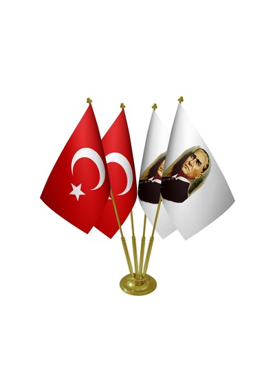 Masa Üstü Atatürk Bayrağı Türk Bayrağı Dörtlü Pirinç Direk Masa Bayrak Seti