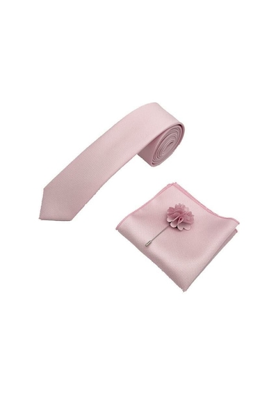 Brianze Şeker Pembe Kravat Mendil Yaka Çiçeği Set Şeker Pembe