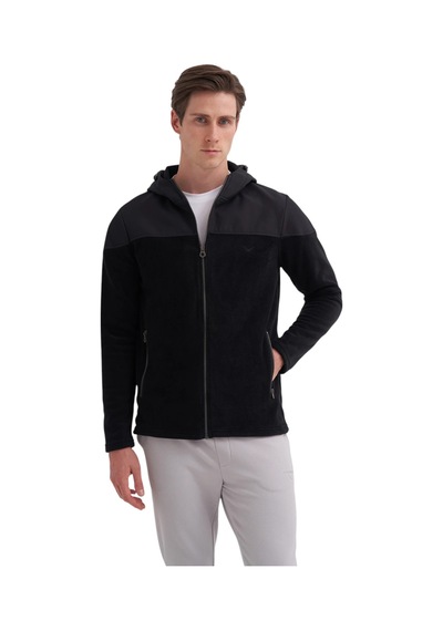 Cazador Erkek Kapüşonlu Polar Kumaş Basic Regular Fit Sweat Hırka-56390 Siyah