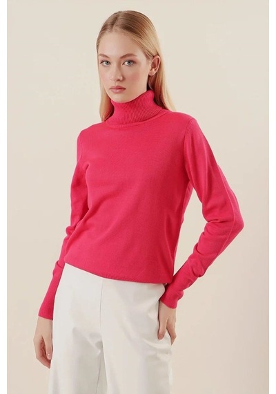 Onno Style Women Düz Balıkcı Yaka Basic Kazak Mercan
