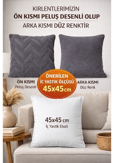 Peluş Dekoratif Kırlent Kılıfı İskandinav Zigzag-balıksırtı 4 Lü Set 42x42 Cm Antrasit
