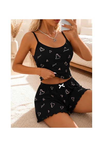 Mr Owl Kadın Siyah Love Yazılı Kalp Desenli Dantel Askılı Şortlu Pijama Takımı
