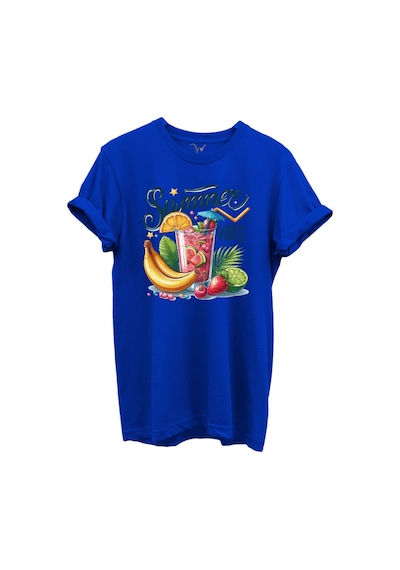 Summer Vibes Yazılı Meyve Kokteyli Ve Tropik Desenli %100 Pamuk Regular Fit Unisex T-shirt Mavi