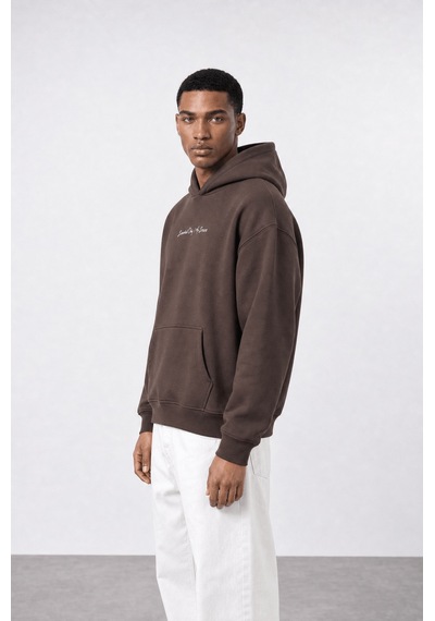 Respire Erkek Essentials Nakışlı Oversize Hoodie Kahve