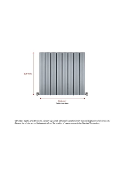 600x555mm Amber Yatay Gümüş Gri Alüminyum Radyatör Standart Bağla