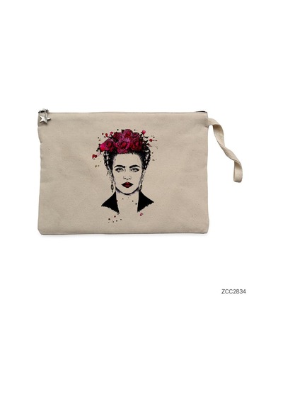 Frida Kahlo Portre - 7 Krem Clutch Astarlı Cüzdan / El Çantası