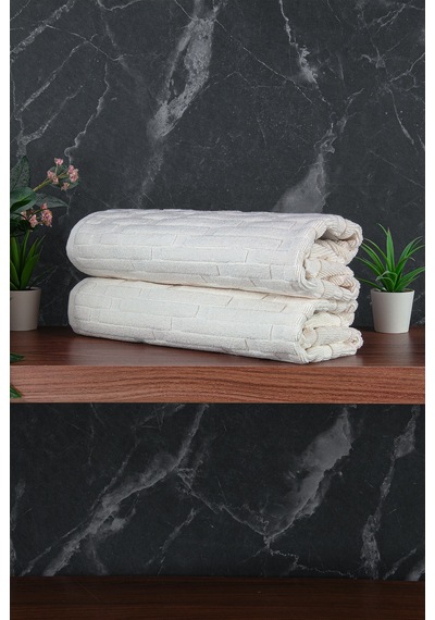 Tuğla Desenli 2li Ayak Havlusu - 50x70 Cm - Su Emici Banyo Paspası Seti - Beyaz Beyaz