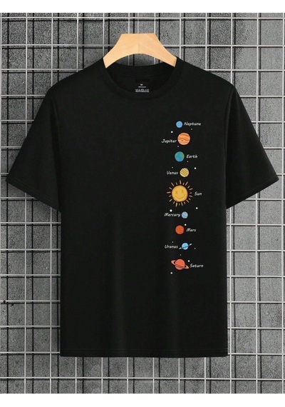 Güneş Sistemi Baskılı Oversize Unisex T-shirt Siyah