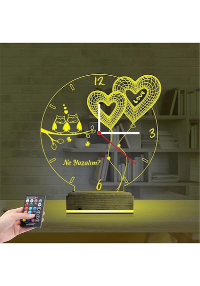 Luvivia Sevgiliye Hediye Kalp Baykuş Kişiye Özel Saatli 3d Lamba - Masa Gece Lambası