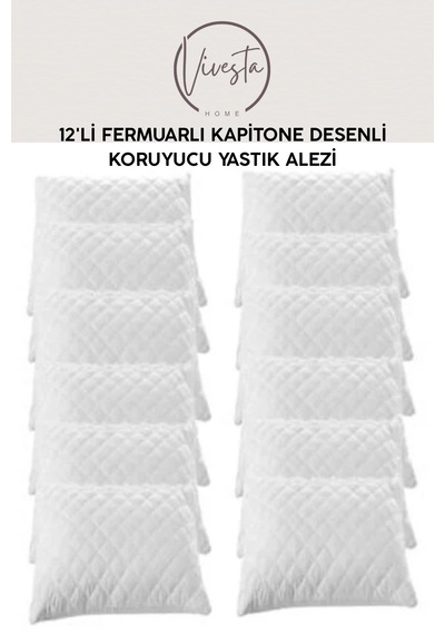 Kapitone Desenli 12'li Yastık Koruyucu Alez Seti Fermuarlı, Anti-bakteriyel Beyaz