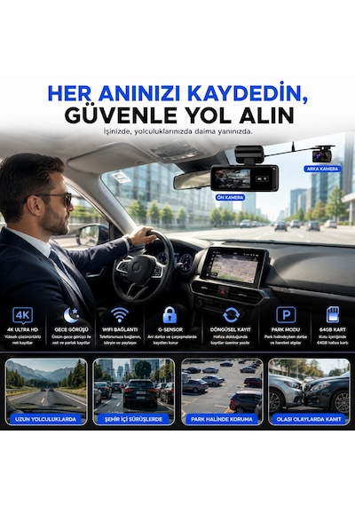 Hpytech 4k Ultra Hd Mini Araç Kamerası Ön Ve Arka Çift Kameralı Wifi Gps Destekli Gece Görüşlü 64gb Hafıza Kartlı G-sensörlü Araç İçi Kamera