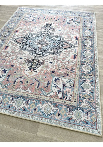 Geometrik Madalyon Desenli Açık Mavi Ve Pudra Pembe Etnik Halı - Ar861nt Açık Mavi - Pembe