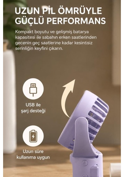Premium Hava Cihazı Yaz Aksesuarı El Fanı Vantilatör Şarjlı Su Buharlı Mini Masa Fan F13 Mor