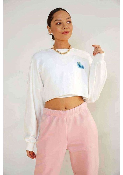 Watercolor Feather Baskılı Crop Kadın Beyaz Sweatshirt