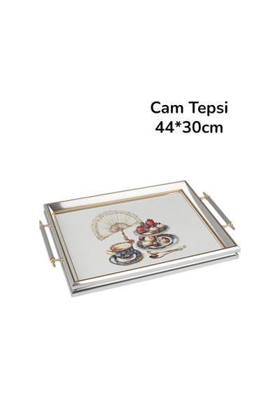 Gümüş Çerçeveli Çay Ve Tatlı Temalı Lüks Dikdörtgen Cam Tepsi - 44x30 Cm Diğer