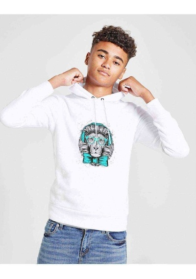 Tshirthane Kulaklık Gözlük Papyonlu Kral Aslan Baskılı Unisex Çocuk Sweat Beyaz
