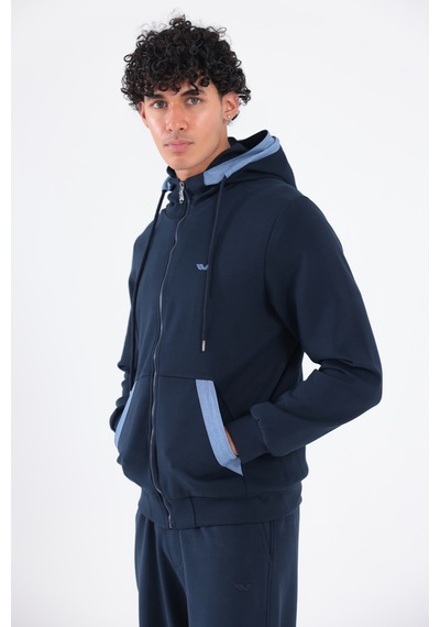 Rowinger Modal Kumaş Kapüşonlu Fermuarlı Kontrast Detaylı Erkek Sweatshirt Navyblue