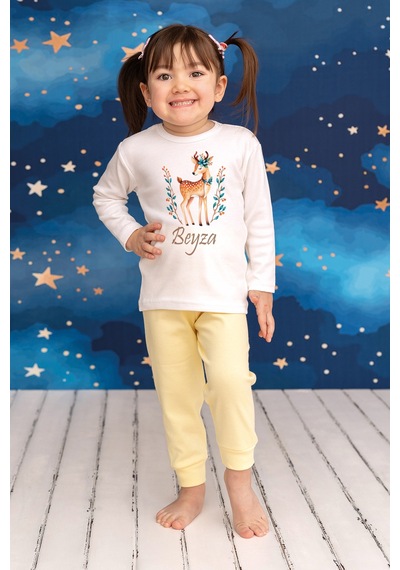 Pia Baby İsimli Kız Çocuk Pijama Takımı %100 Pamuk Penye İsme Özel Baskılı Kişiselleştirilebilir Pijama Seti 20363s14pi Krem