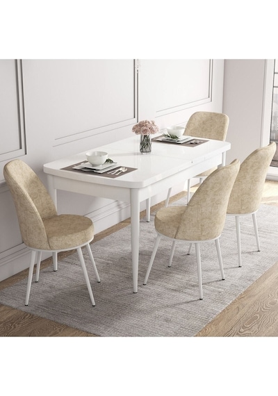 Canisa Concept Kor Serisi, 70x114 Açılabilir Beyaz Yemek Masası Takımı,4 Krem Sandalye Masa Beyaz Sandalyeler Krem Canisa Concept Kor Serisi, 70x114 Açılabilir Beyaz Yemek Masası Takımı,4 Krem Sandalye Masa Beyaz Sandalyeler Krem
