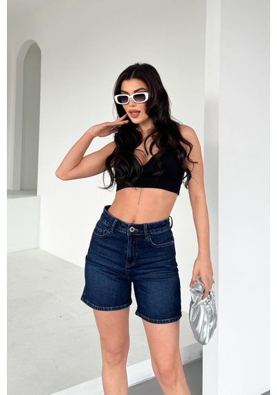 HLT Jeans Kadın Koyu Mavi Yıkamalı Mom Fit Yüksek Bel Likralı Jean Kot Şort Lily-kymavi