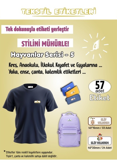 Hayvanlar Serisi - 5 Kreş Anaokulu İlkokul Kıyafet Eşya Yaka Ense İsim Etiketi 57 Adet Karışık
