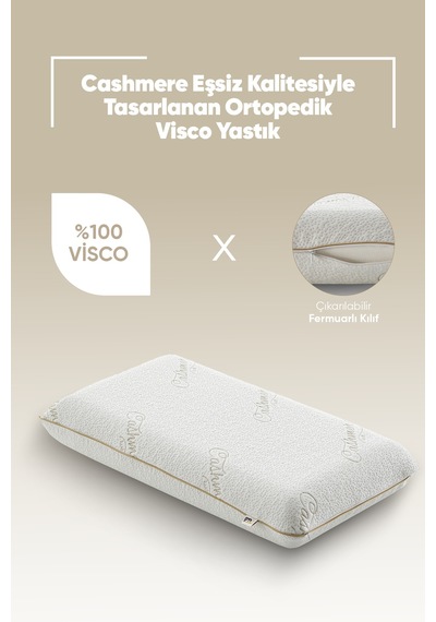 Kaşmir Visco Yastık - Özel Büyük Boy Cashmere Uyku Yastığı - Ortopedik Kaşmir Kumaş Visko Yastık Beyaz