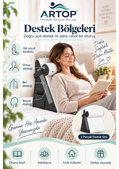 Çok Amaçlı Sırt Destek Yastığı Çıkarılabilir Boyun Yastıklı, Yan Cepli, Fermuarlı Kılıflı 2 Parça Üçgen Destek Minderi Beyaz
