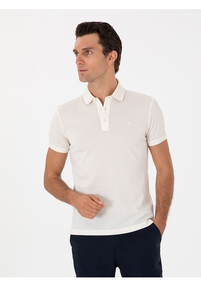Ekru Slim Fit Polo Yaka Pamuklu Basic T-shirt Bej