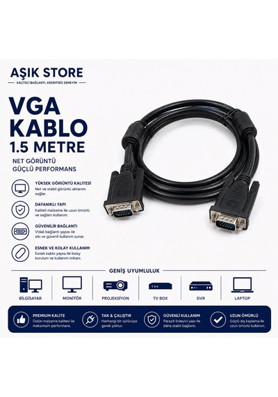 Vga Kablo 1.5 Metre Erkek Erkek Monitör Projeksiyon Bilgisayar Görüntü Aktarım Kablosu