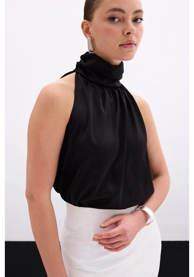 Sateen Boğazlı Kolsuz Bluz - Düz Siyah Düz Siyah