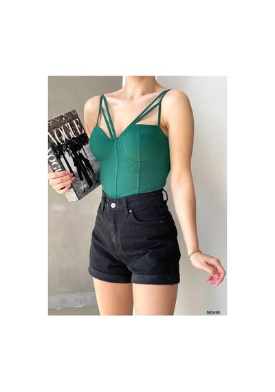 Angbutik Kadın İşçilik V Yaka İnce Askılı Krep Kumaş Crop Büstiyer Zümrüt Yeşili