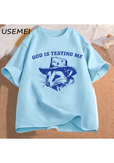 Flood Of Style Tanrı Beni Test Ediyor Ve Ben % Erkek Tişörtü Komik Pamuk İğneleme Giyim Meme Grafik Tee Kısa Mavi