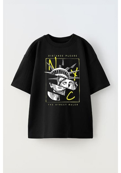 Thewert Unisex Dıstance Plaase The Street Ruler Tasarım Baskılı Pamuk Sıyah Oversize T-shirt Siyah