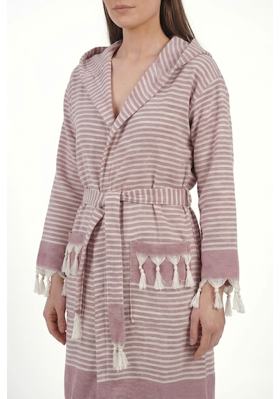 Kapşonlu Unisex Peştemal Plaj Bornozu %100 Pamuklu Seaside Stripe Bordo
