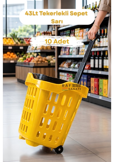 10 Adet - 43 Lt Tekerlekli Market Sepeti Plastik Alışveriş Sepeti Ergonomik Çift Saplı Sarı