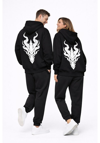 Unisex Ejderha Baskılı Beyaz Sevgili Kombini Oversize Hoodie Seti Siyah