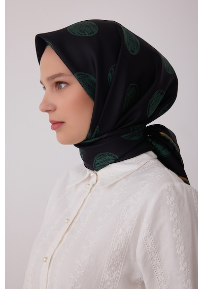 Belli Geometrik Desen %100 Twill İpek Eşarp Be27 Siyah-Yeşil