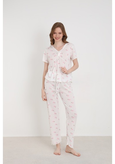 Elitol Jakarlı Viskon Bağlamalı Kadın Pijama Takımı Desenli-1