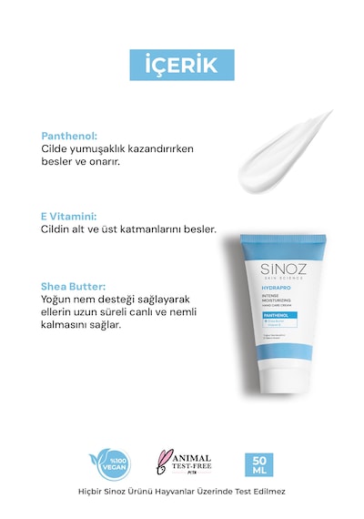 Sinoz Hydrapro Vitamin E Panthenol İçeren Yoğun Nemlendirici El Bakım Kremi 50 ML