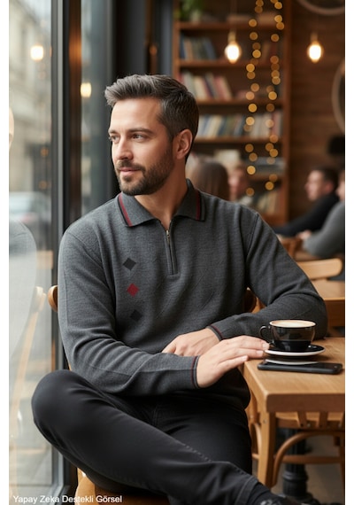 Kamalı Erkek Gri Tüylenme Yapmayan Standart Fit Normal Kesim Nakış Desen Polo Yaka Triko Kazak Kamalı Erkek Gri Tüylenme Yapmayan Standart Fit Normal Kesim Nakış Desen Polo Yaka Triko Kazak