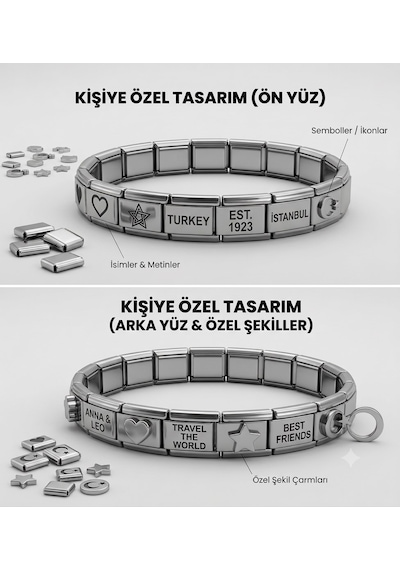 Kişiye Özel Lazer Baskılı İsimli Çelik Bileklik - Sevdiklerinize Hatıra Tasarımı Gri
