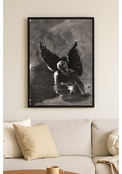 Broken Wings Siyah Ahşap Çerçeveli Poster, Dekoratif Soyut Monokrom Duvar Tablosu
