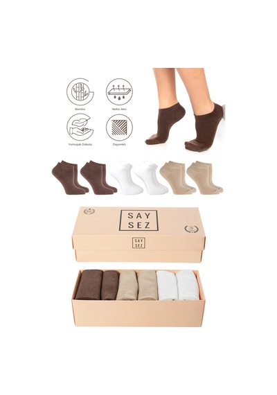 Saysez Bambu Kadın Patik Düz Beyaz-kahverengi-bej Çorap Dikişsiz Premium Kutulu 6'lı Paket Renkli