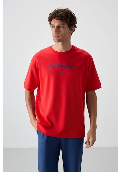 Tommy Life Fiesta-parlament Pamuklu Kalın Yumuşak Dokulu Oversize Fit Baskılı Erkek T-shirt - 88320 Kırmızı - Mavi