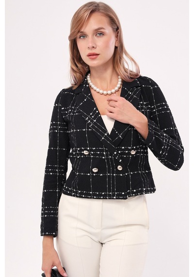 Armonika Kadın Siyah Kruvaze Yaka Tüvit Crop Ceket Arm-24k001014