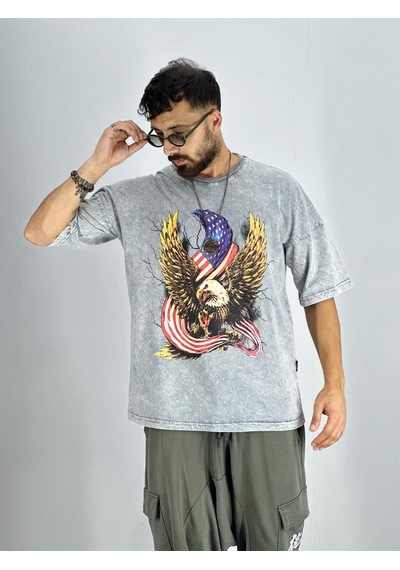 Cocopelli Erkek Yıkamalı Kumaş Baskılı T-shirt Coc2216 Gri