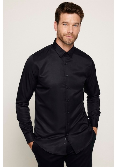 Tudors Slim Fit Uzun Kollu Kolay Ütü Teri Emen Nefes Alan Doku Kravatlık Dört Mevsim Erkek Gömlek Siyah