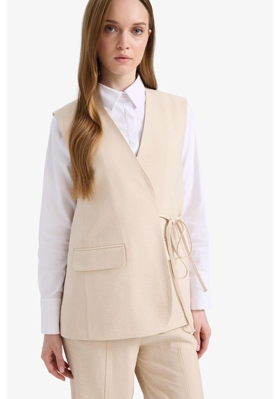 DeFacto V Yaka Bağcıklı Basic Düz Blazer Yelek E4358AX25SPBG702 Bej