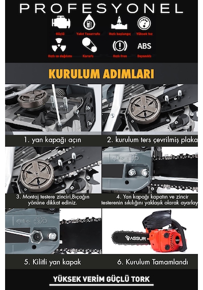 Assur ASR708 25CC Mini Benzinli Testere Ağaç Odun Dal Budama Kesme Testeresi Hızar Motoru Kırmızı